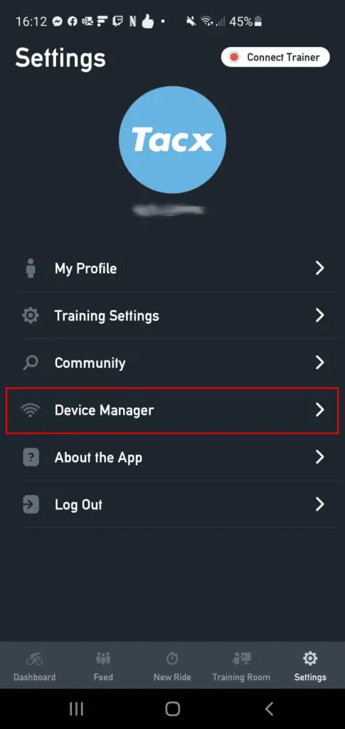 Tacx training app settings device manager