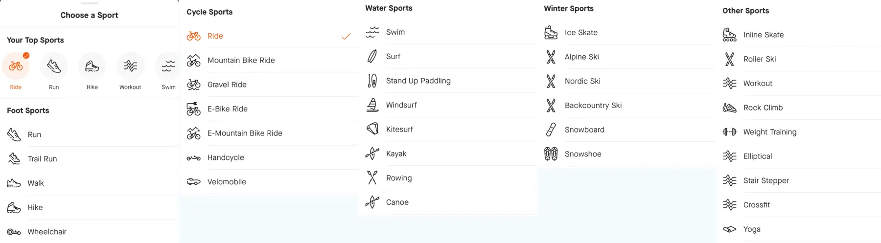 list all sports you can record with strava