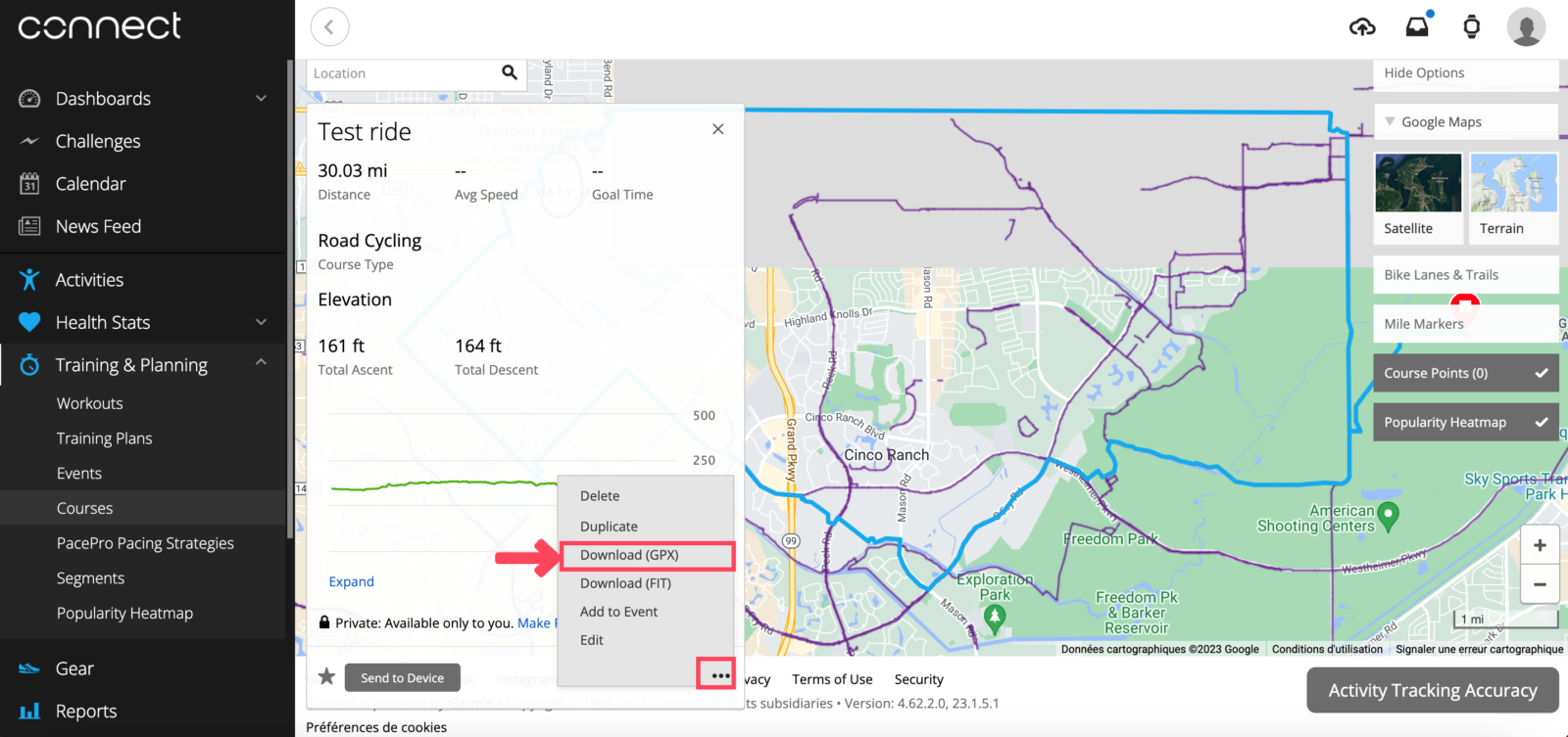 Garmin Connect web export route to gpx
