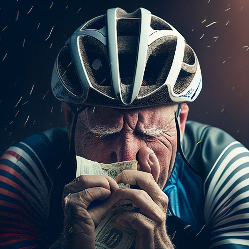 A cyclist crying after spending too much cash