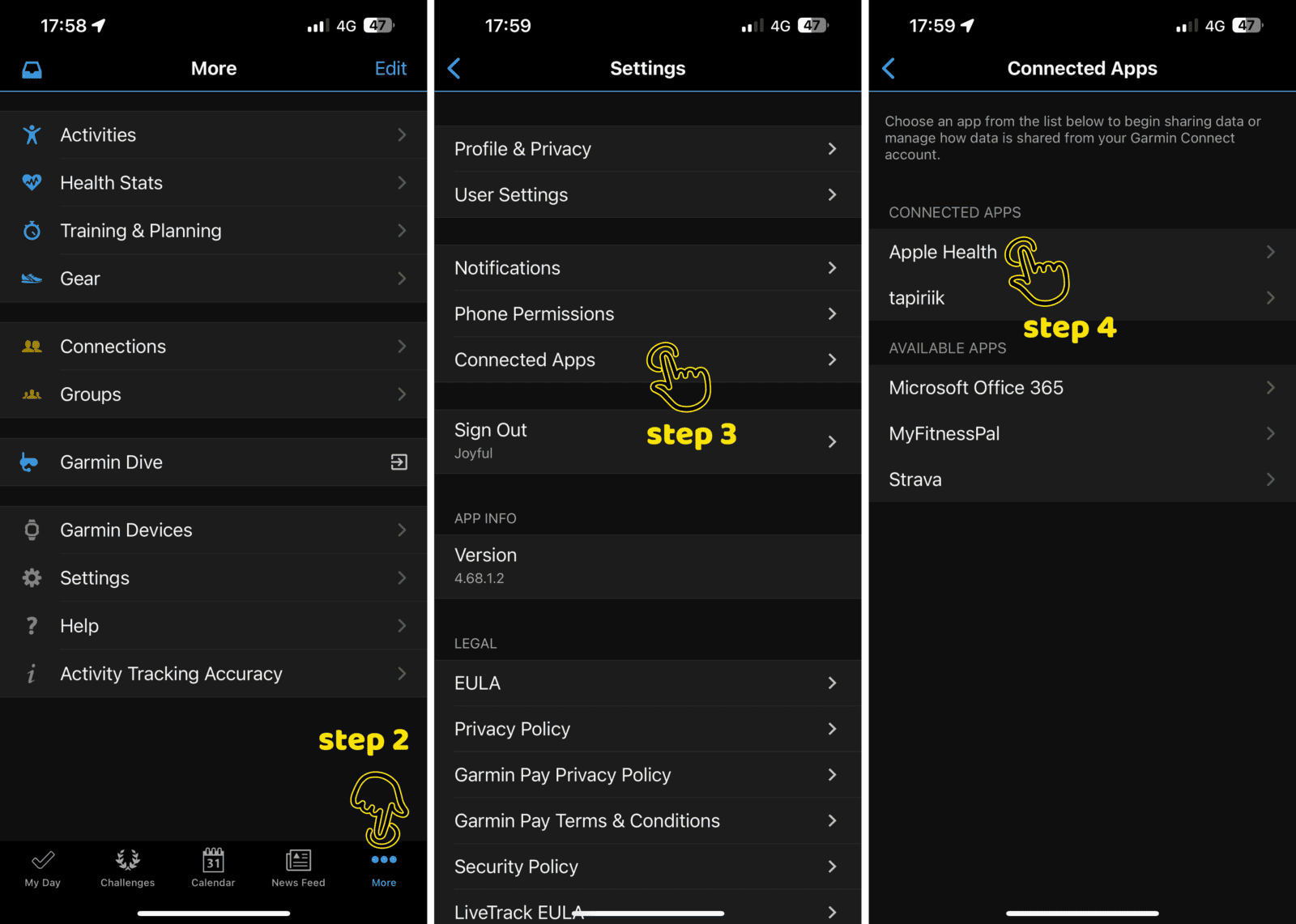 Garmin Connect settings for apple health
