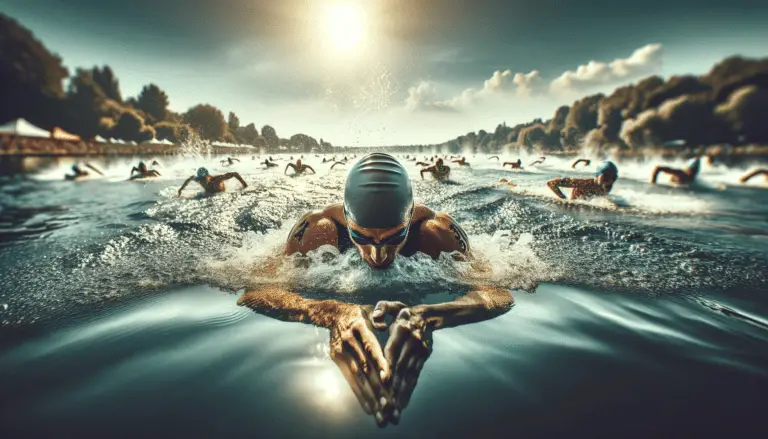 A triathlete swimming breaststroke in an open water setting during a triathlon, with a clear view of their technique and other swimmers in the background.